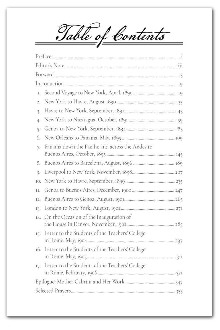 Letters From the Voyages of St. Frances Cabrini - Table of Contents